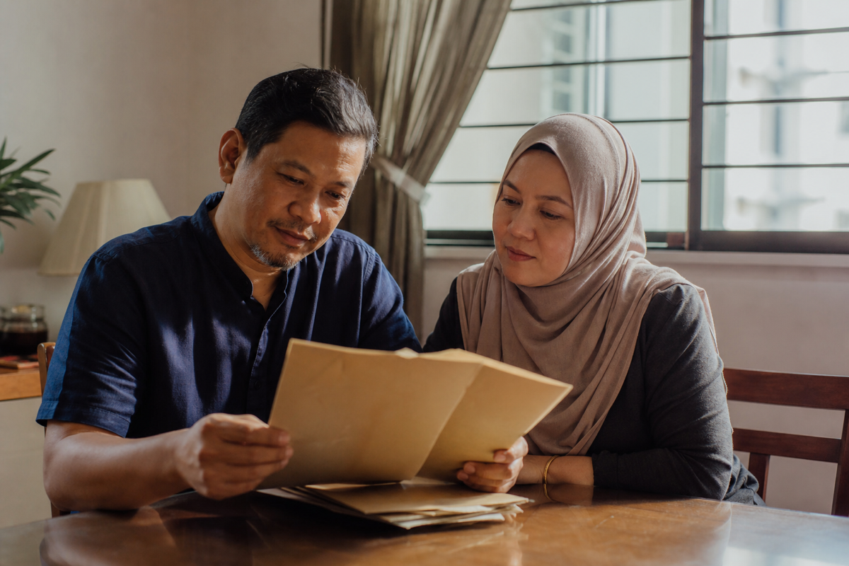 A Muslim couple at home looking at an old policy folder together